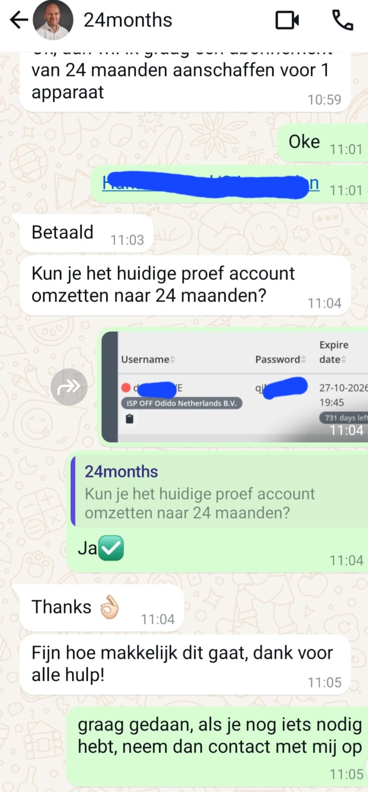 WhatsApp klantreview Trex IPTV – tevreden klant bedankt voor snelle service
